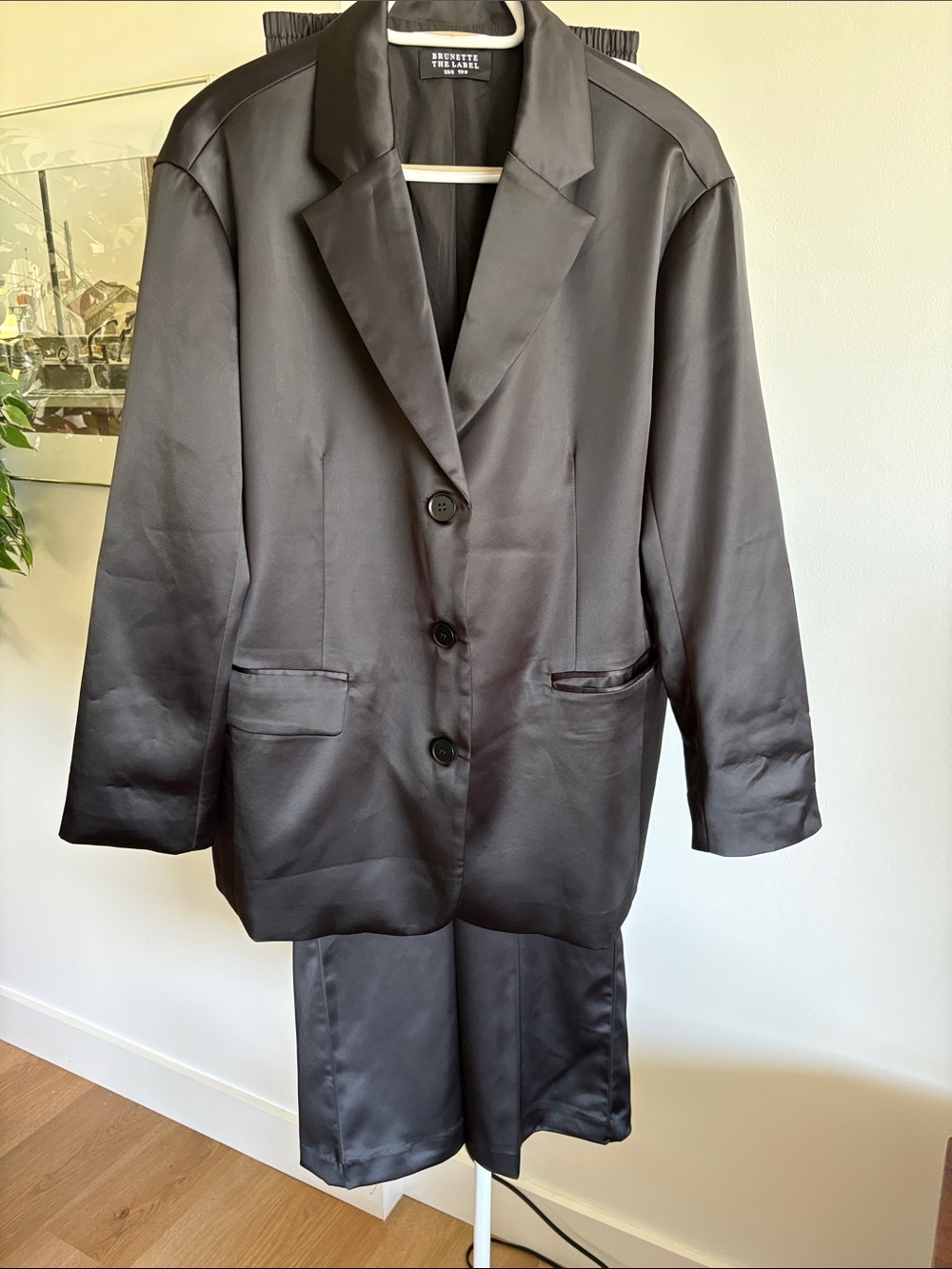 Brunette The Label Black Satin Two-Piece Suit